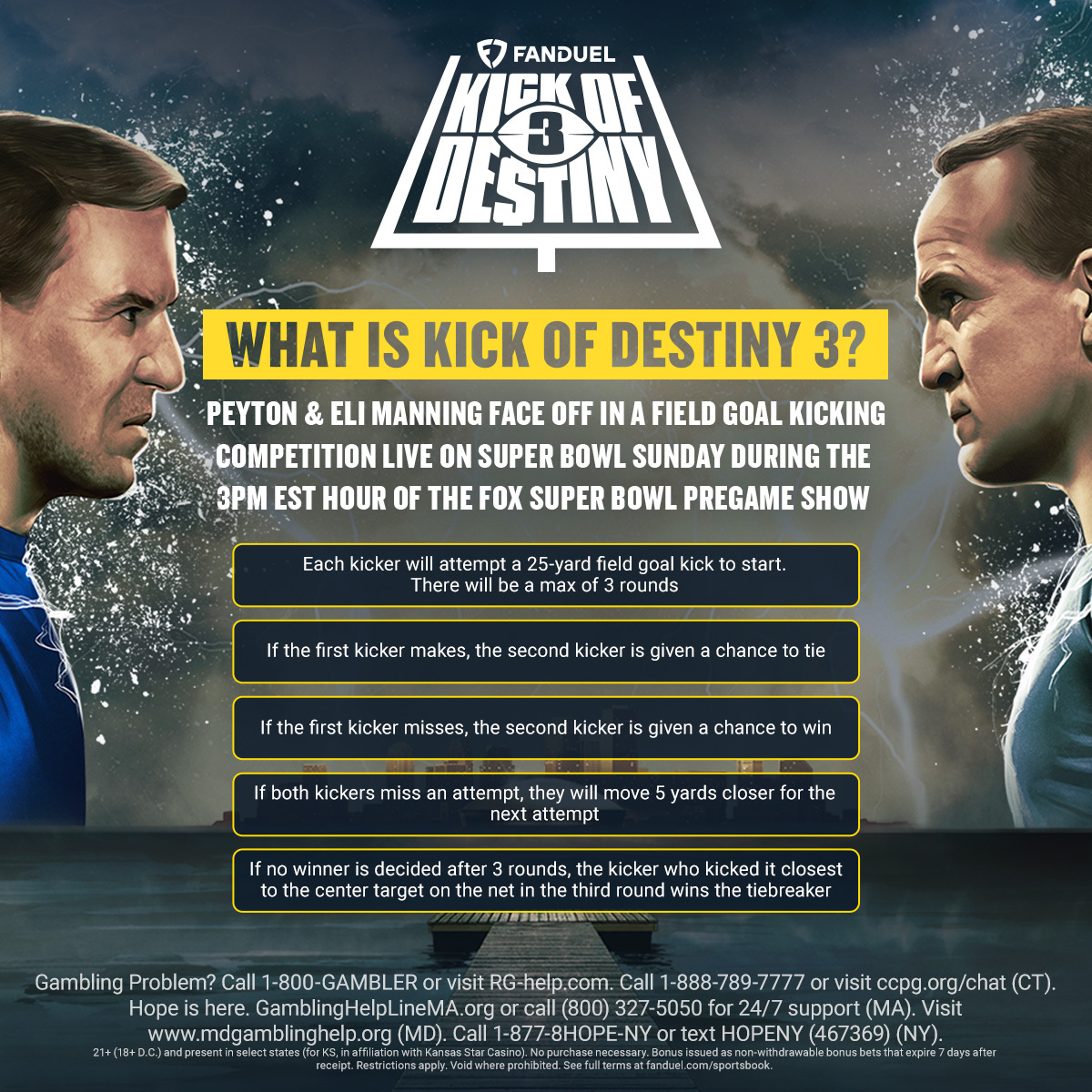 FanDuel promo code and Super Bowl Kick of Destiny rules.