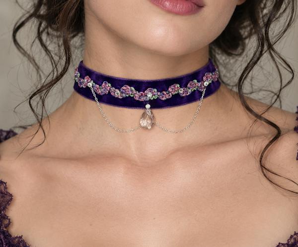 Purple Velvet choker with flowers and chains