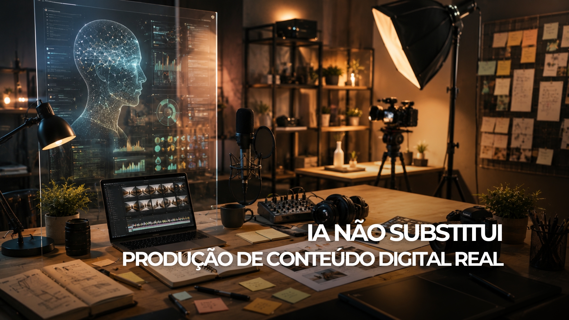 Banner sobre produção de conteúdo digital com estratégia humana, inteligência artificial, criatividade e produção audiovisual profissional