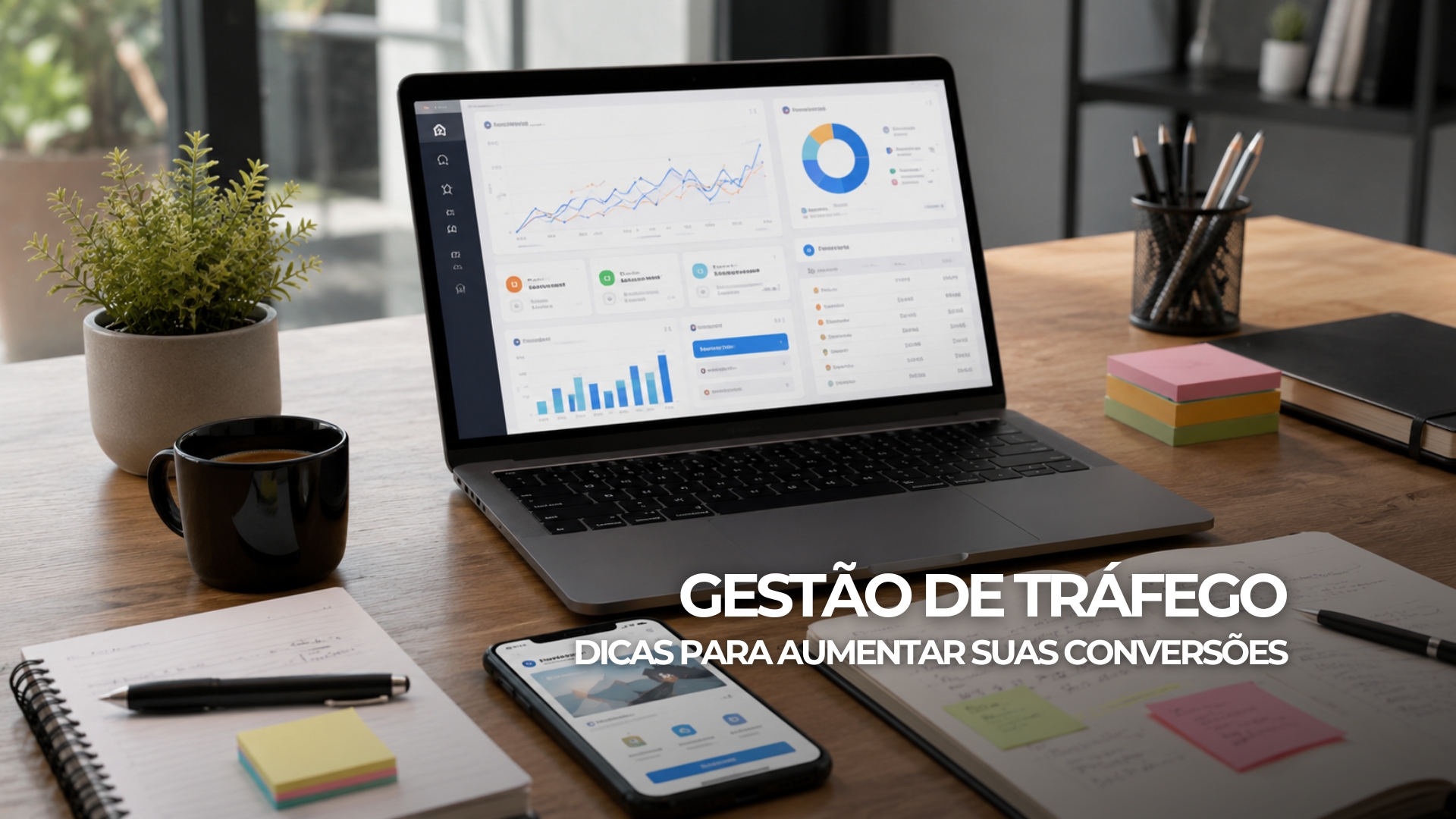 Banner sobre gestão de tráfego com dashboards de campanhas digitais, conversões e análise de resultados
