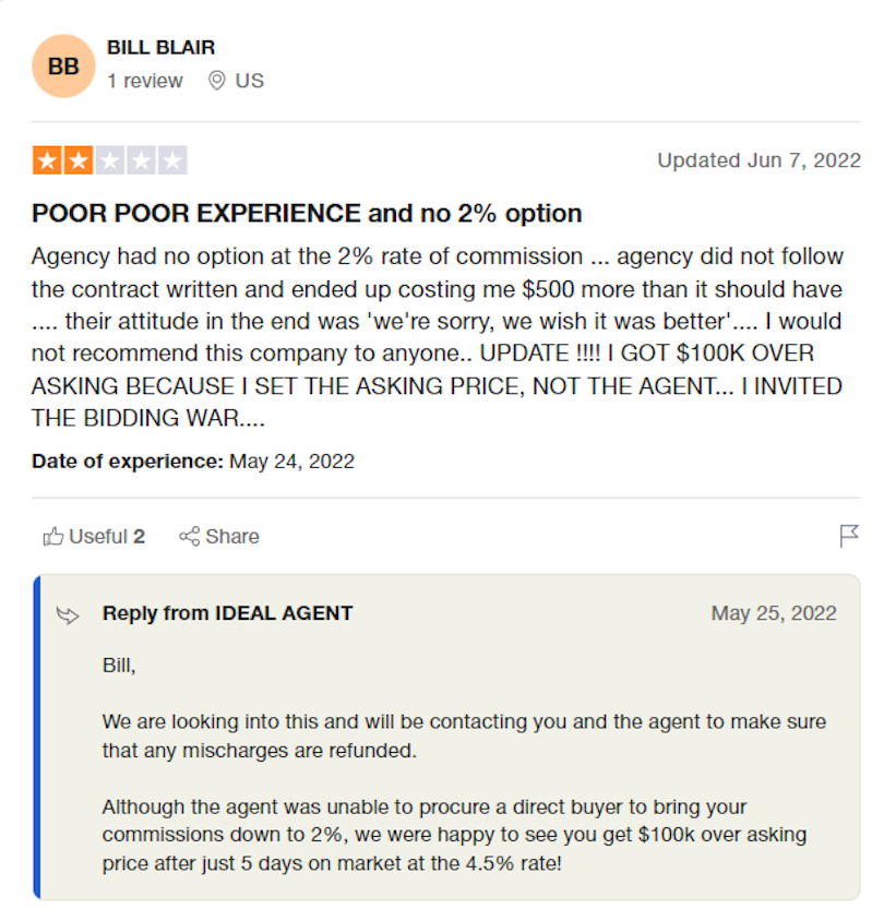 Ideal Agent customer review claiming poor experience and hidden fees