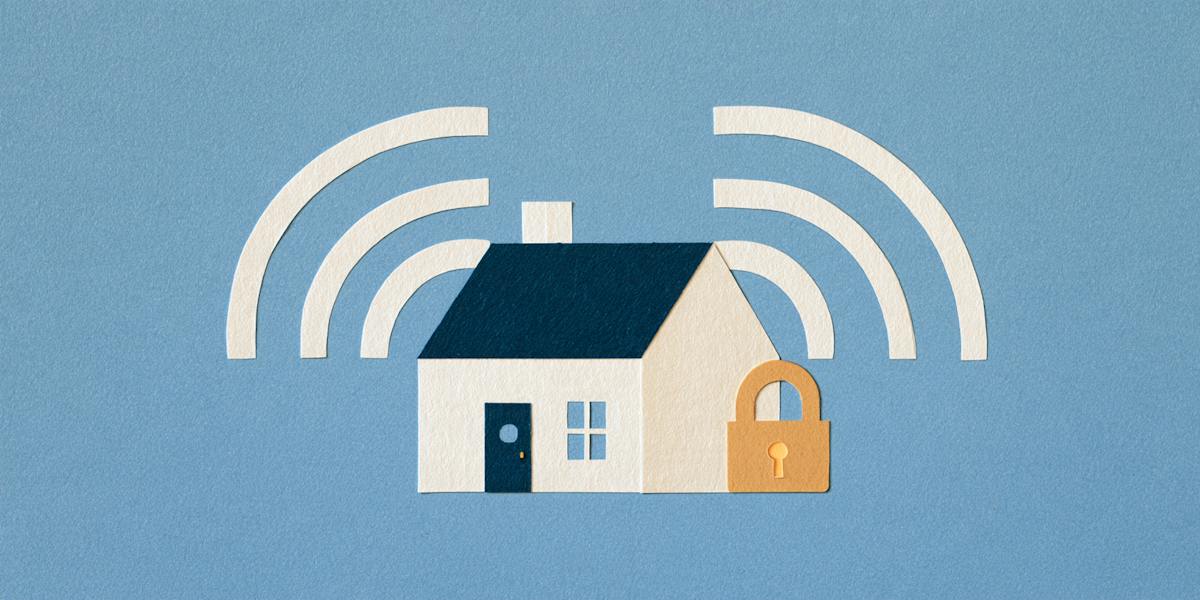 A house surrounded by wireless signal waves and a padlock, representing home network security and protecting connected devices.