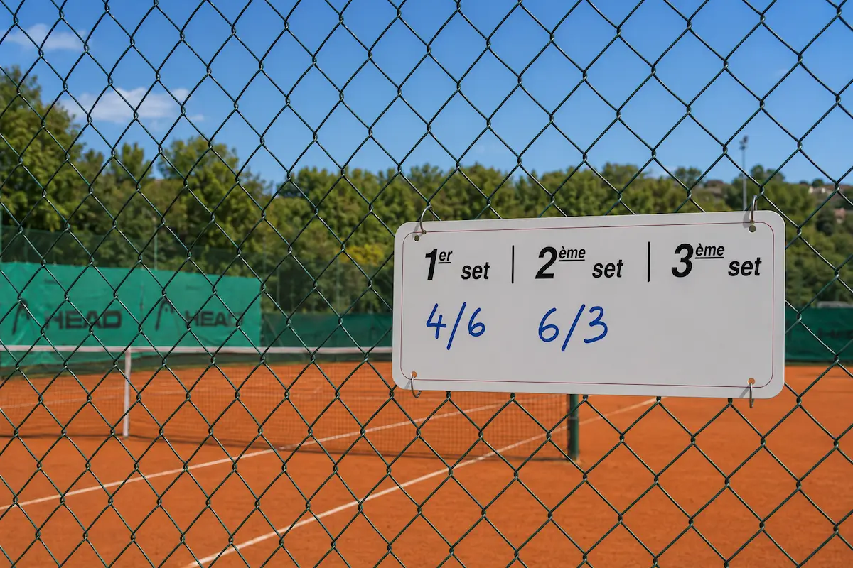 Plaque de score tennis effaçable VW Sports – 1er set, 2ème set, 3ème set – Aludibond perforé