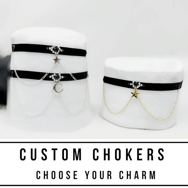 CUSTOM thin black velvet choker with celestial charms, chains and rhinestones