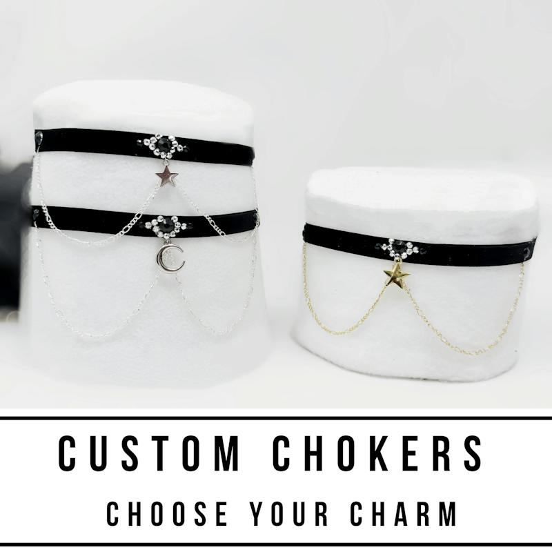 CUSTOM thin black velvet choker with celestial charms, chains and rhinestones