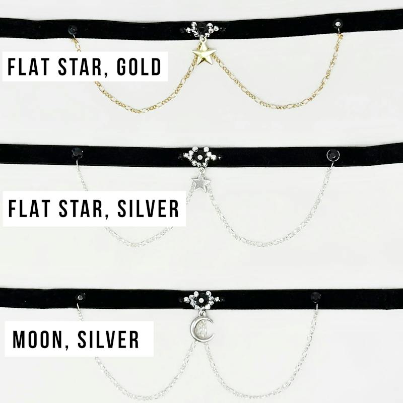 CUSTOM thin black velvet choker with celestial charms, chains and rhinestones - alternate view