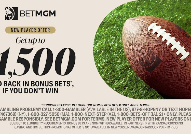Football on turf alongside BetMGM’s $1,500 First Bet Offer, promoted with the DIMERS100 bonus code for Missouri’s Cyber Monday launch.