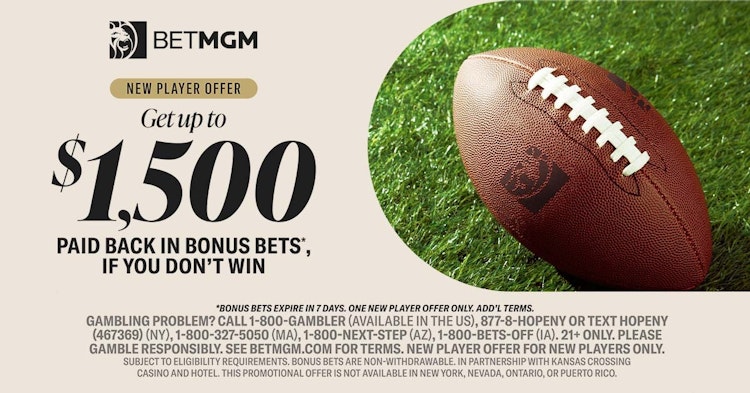 Football on turf alongside BetMGM’s $1,500 First Bet Offer, promoted with the DIMERS100 bonus code for Missouri’s Cyber Monday launch.