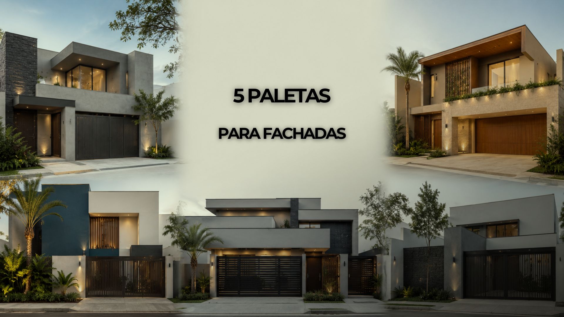 Conjunto de fachadas contemporâneas com paletas em cinza, bege, marrom, verde, branco e preto.