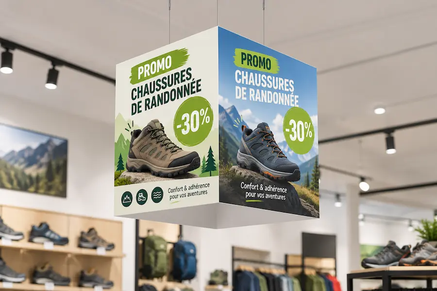 Cube suspendu carton imprimé en quadrichromie sur 4 faces