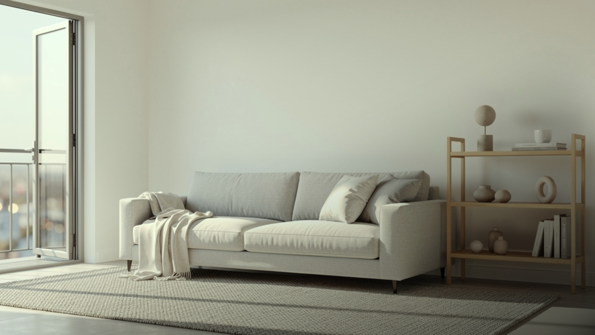 Sala com paredes claras, sofá cinza claro e rack de madeira em paleta neutra.