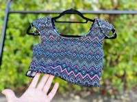 Upcycled Crop Top, handmade beaded cap sleeve cropped top featuring a handcut design from a salvaged dress.