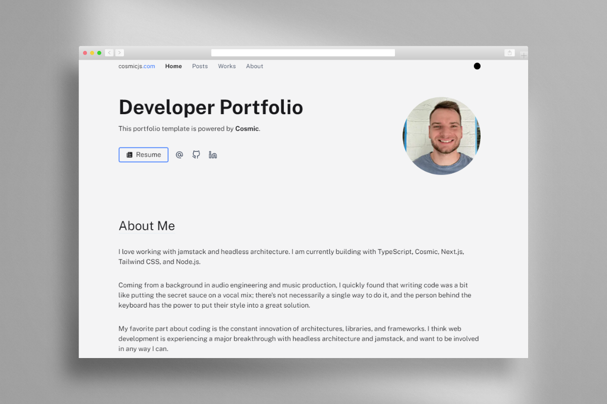 Creating A Developer Portfolio With Next Js And Cosmic Cosmic   Ab80e820 F7c6 11ec 8f84 3f01a4a22fe2 Developer Portfolio Cover 2 