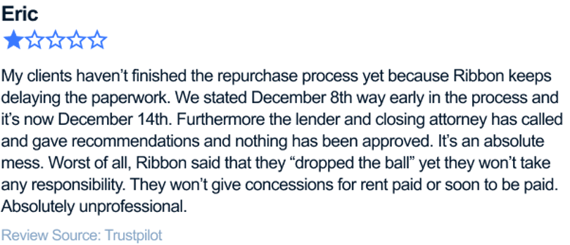 My clients haven’t finished the repurchase process yet because Ribbon keeps delaying the paperwork. We stated December 8th way early in the process and it’s now December 14th. Furthermore the lender and closing attorney has called and gave recommendations and nothing has been approved. It’s an absolute mess. Worst of all, Ribbon said that they 