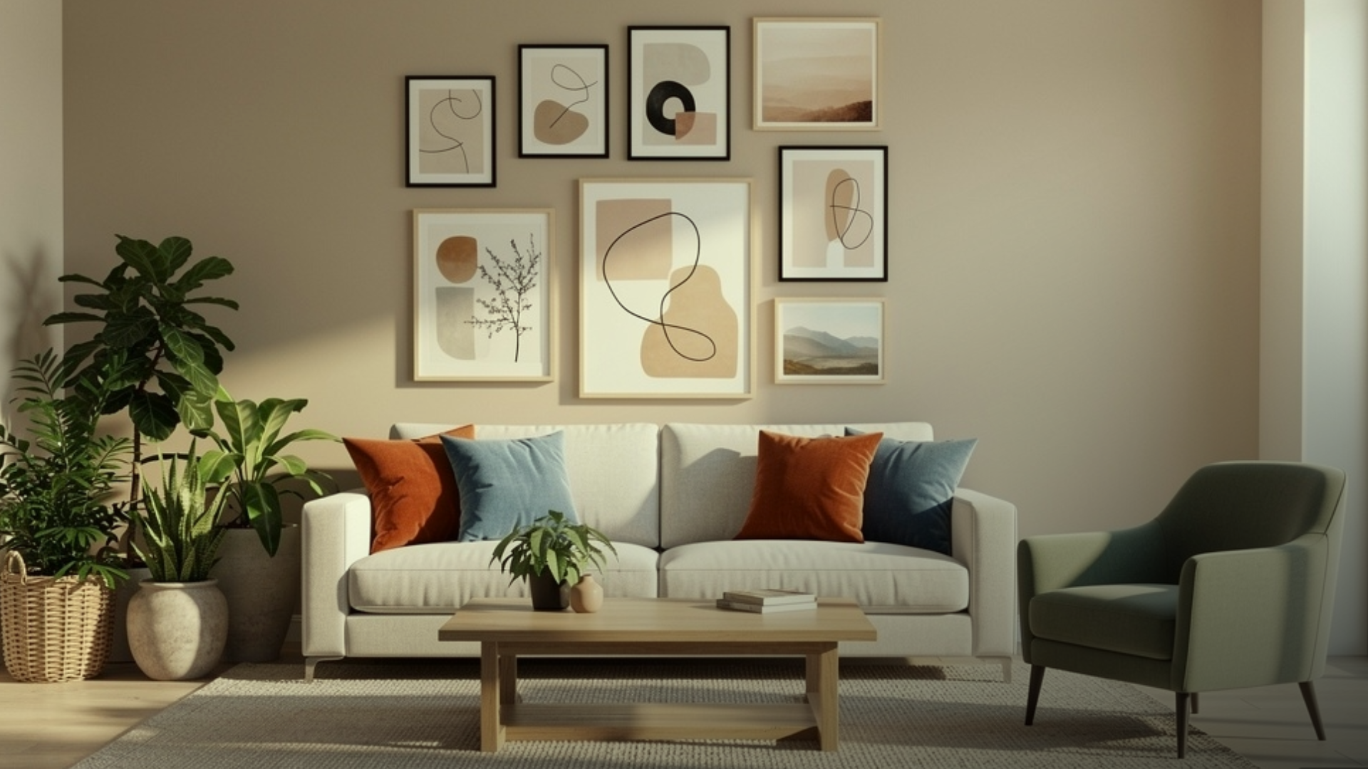 Sala neutra com almofadas coloridas, poltrona verde suave e quadros na parede.