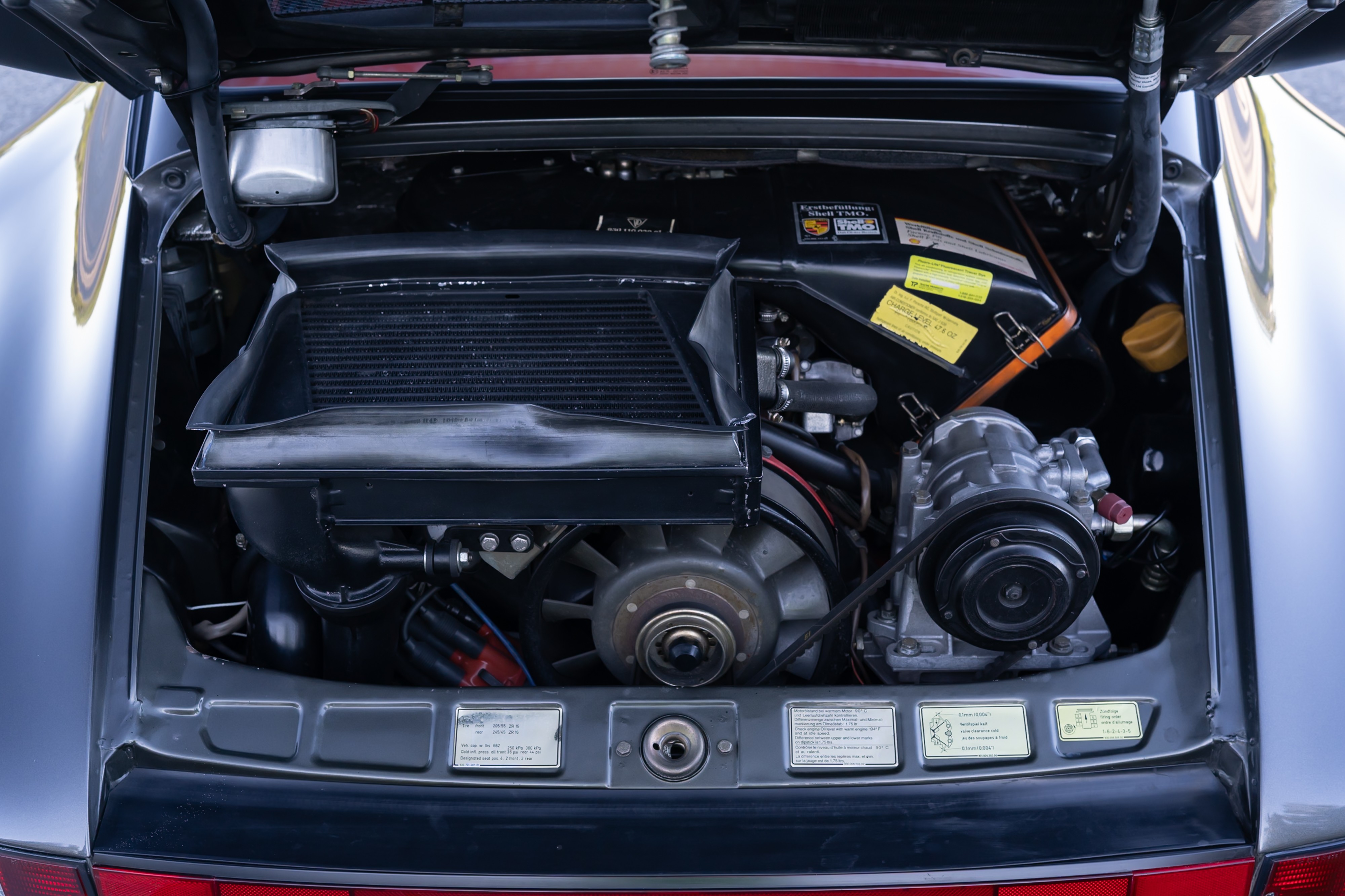 Engine bay of a 1989 Porsche 911 Turbo M505 Slant Nose.