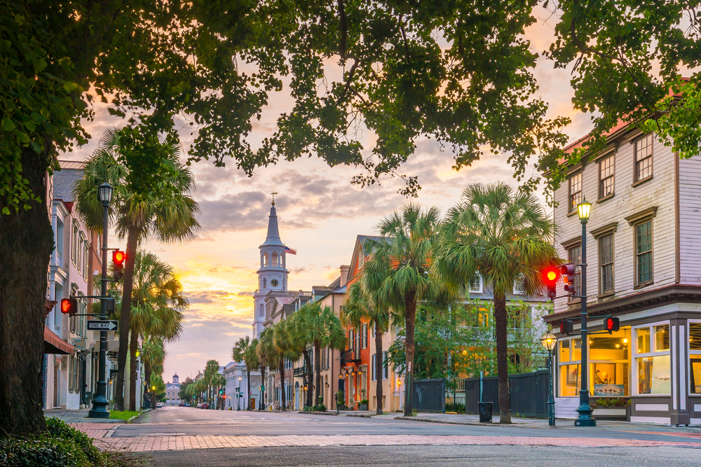 Photo of historic Charleston neighborhood at sunset