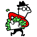 Animated thief running with a pile of money 