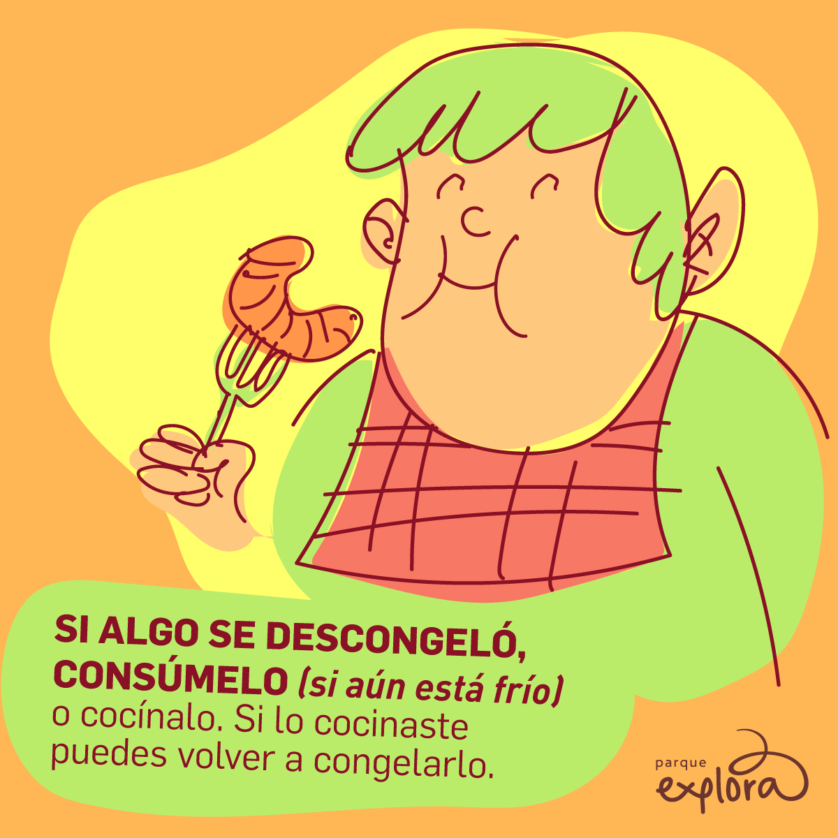 Ilustración. Sobre un fondo naranja y amarillo se observa a una persona con cabello corto y delantal que sostiene un tenedor con un camarón. La figura sonríe mientras parece a punto de comer. En la parte inferior izquierda se lee el texto: «Si algo se descongeló, consúmelo (si aún está frío) o cocínalo. Si lo cocinaste puedes volver a congelarlo».