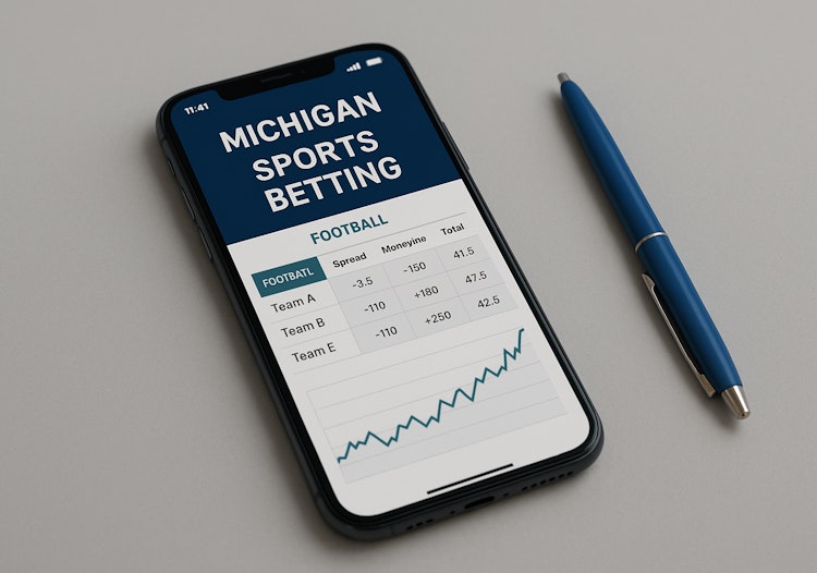 A smartphone displaying a Michigan sports betting app with football odds and a rising performance graph, placed beside a blue pen on a gray surface.