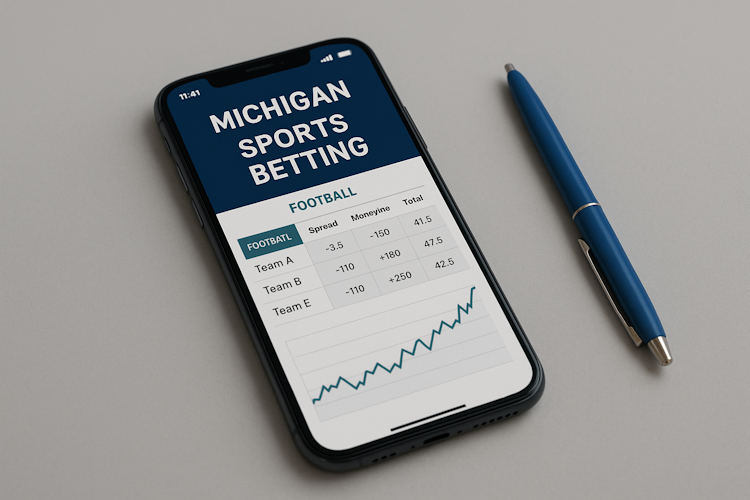 A smartphone displaying a Michigan sports betting app with football odds and a rising performance graph, placed beside a blue pen on a gray surface.