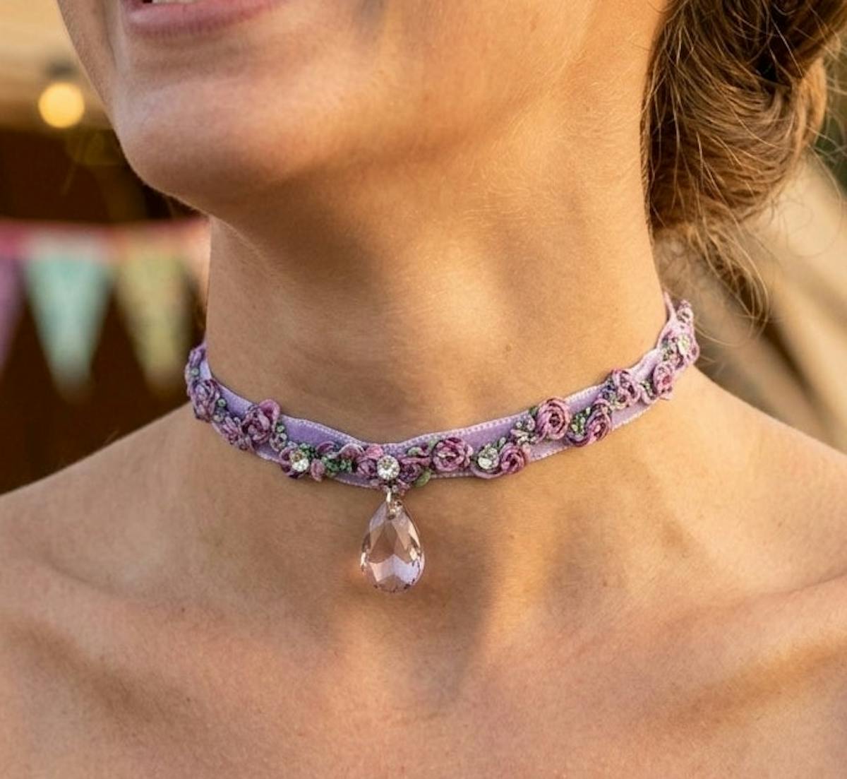 Floral Embroidery Choker, thin velvet necklace with teardrop