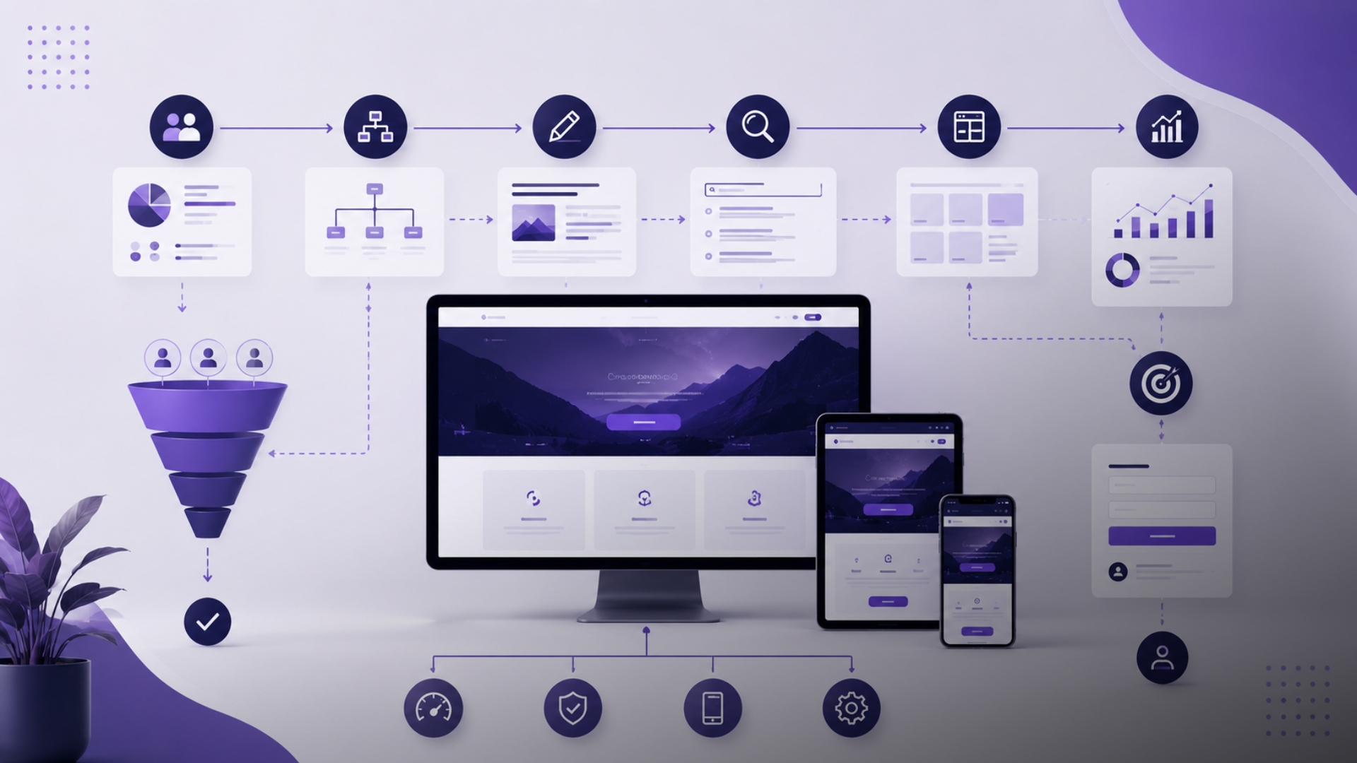 Ilustração de um ecossistema de site profissional conectando páginas responsivas, SEO, conteúdo, dados e conversão.
