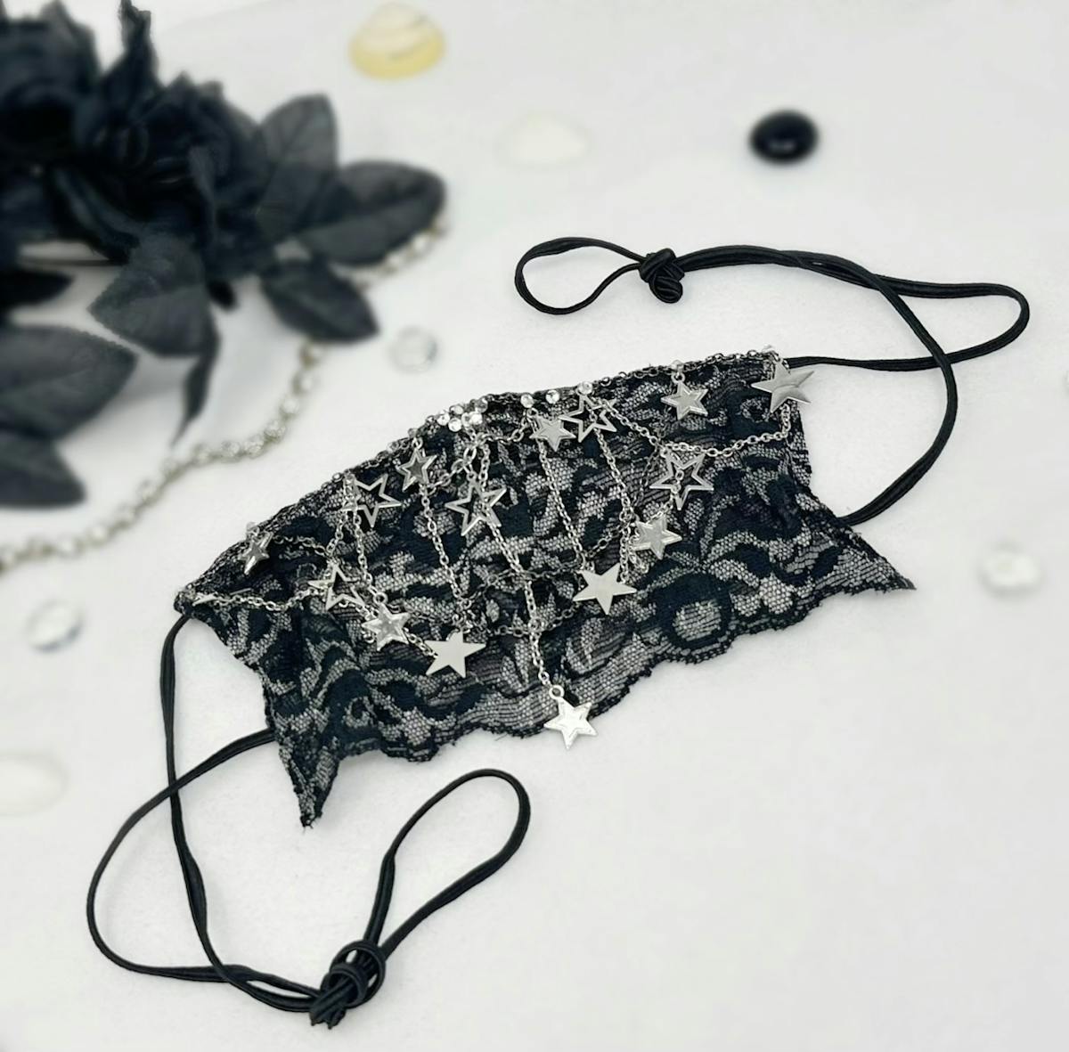 Black Floral Lace Chain Face Mask with celestial charms