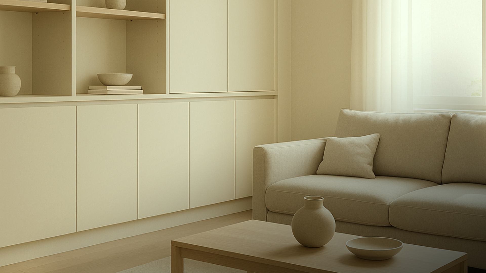 Sala de estar organizada, com móveis com armazenamento embutido, poucos objetos expostos e sensação de calma e equilíbrio.