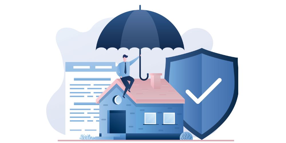 Illustration of businessman with umbrella, security shield and insurance agreement paper.