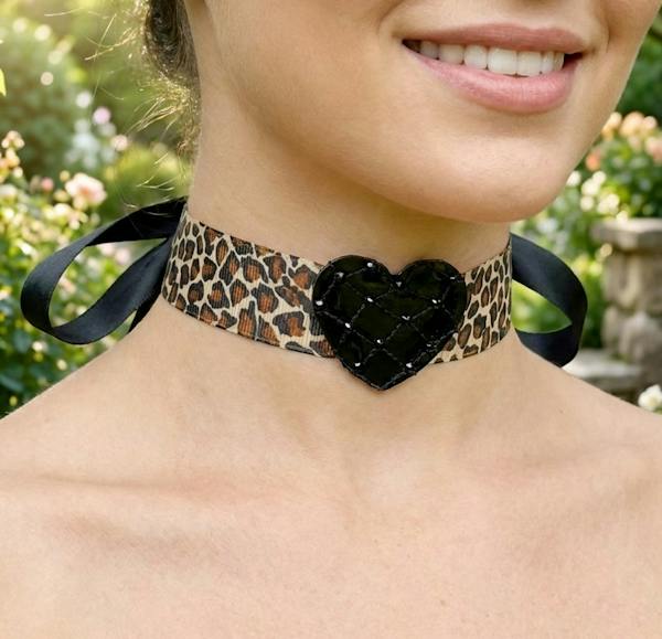 Wide Leopard Choker: black heart with ribbon ties
