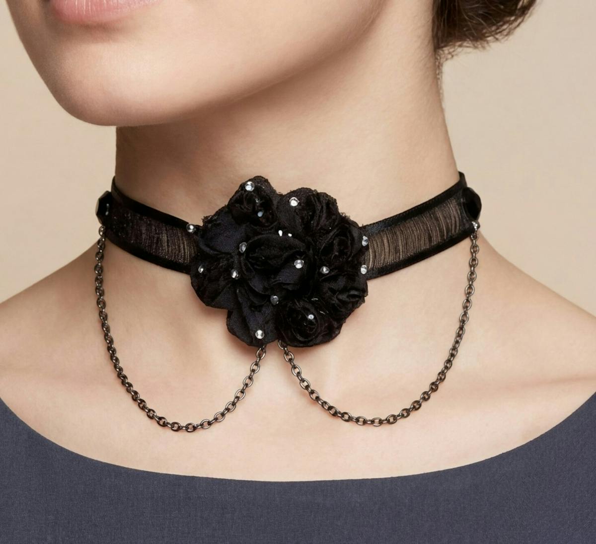 Black Lace Choker Necklace with Gothic Flower, Rhinestones and Chains