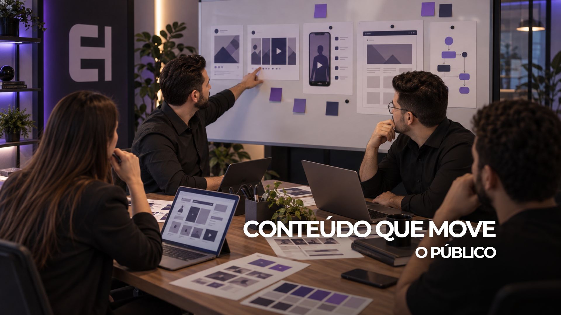 Equipe planeja posts, carrosséis e vídeos curtos conectados a uma landing page e ao CRM.