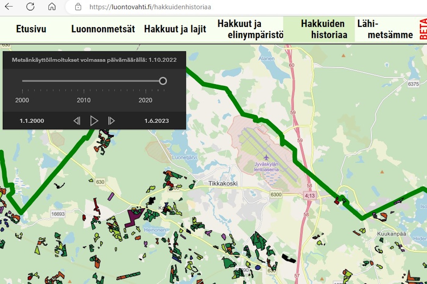 Hakkuiden historia -sivulla jäi paljon hakkuuilmoituksia näyttämättä