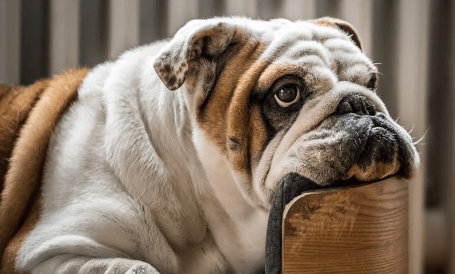 Sleepy Bulldog taking a rest on its bed. 