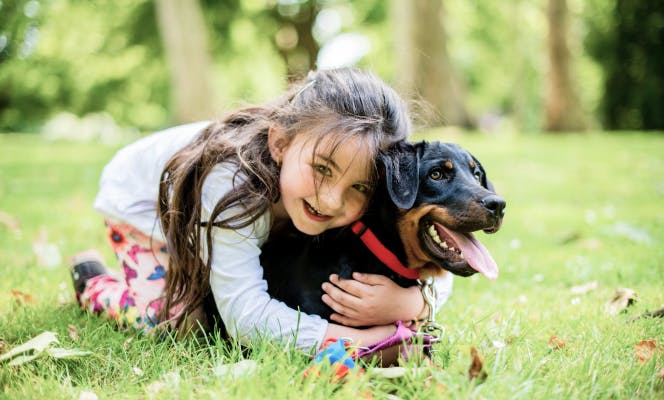 Small girl smiling and hugging her puppy in the park. 