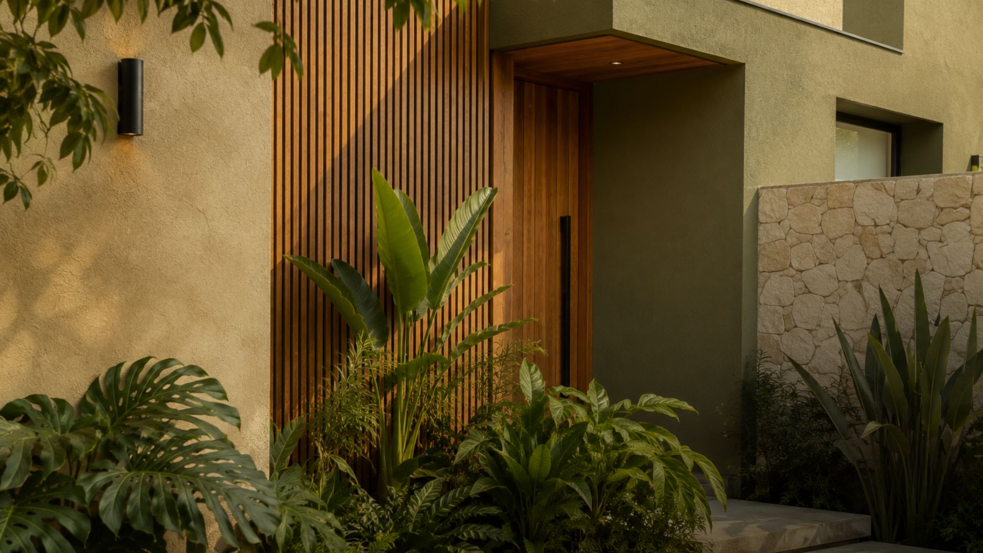 Fachada residencial com paleta em areia, verde acinzentado e madeira integrada ao paisagismo.