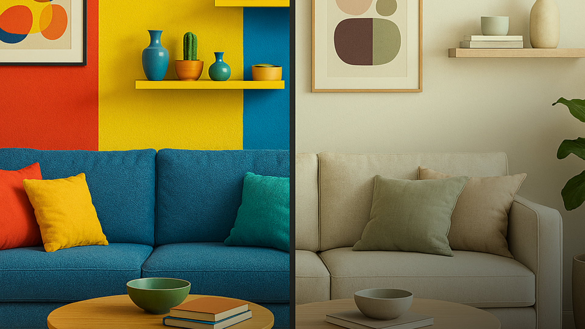 Comparativo entre sala com cores muito saturadas e a mesma sala repaginada com paleta neutra e equilibrada.