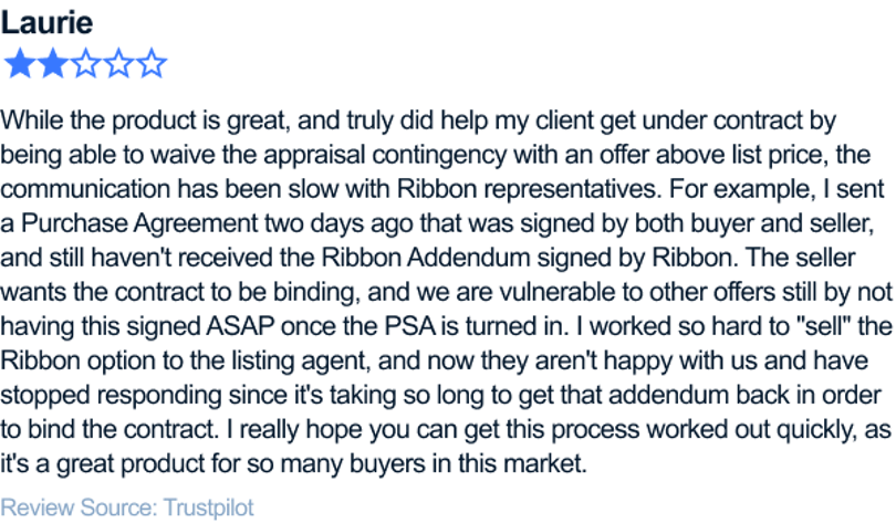 While the product is great, and truly did help my client get under contract by being able to waive the appraisal contingency with an offer above list price, the communication has been slow with Ribbon representatives. For example, I sent a Purchase Agreement two days ago that was signed by both buyer and seller, and still haven't received the Ribbon Addendum signed by Ribbon. The seller wants the contract to be binding, and we are vulnerable to other offers still by not having this signed ASAP once the PSA is turned in. I worked so hard to 