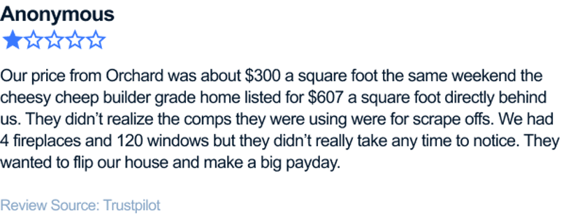 Our price from Orchard was about $300 a square foot the same weekend the cheesy cheep builder grade home listed for $607 a square foot directly behind us. They didn’t realize the comps they were using were for scrape offs. We had 4 fireplaces and 120 windows but they didn’t really take any time to notice. They wanted to flip our house and make a big payday.