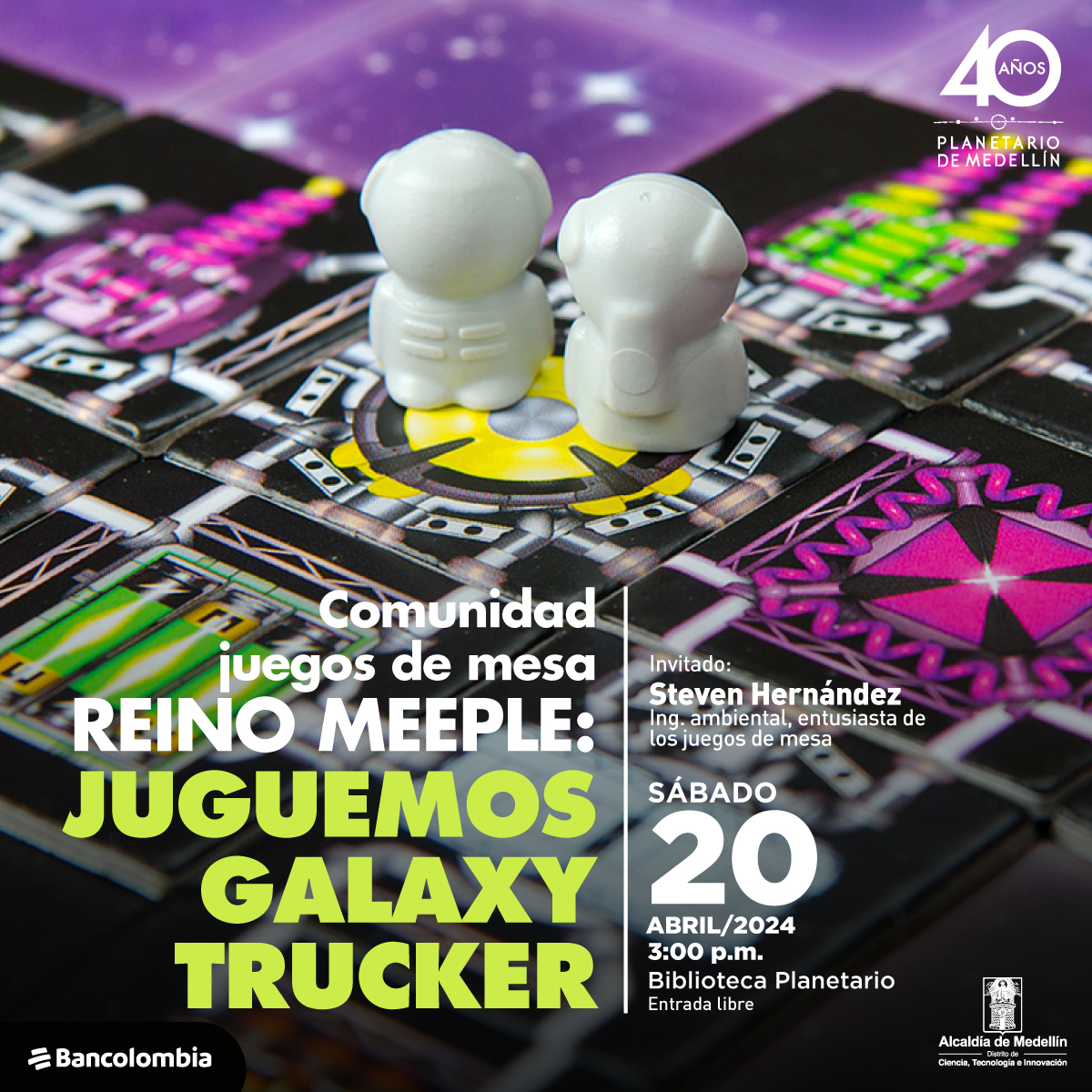 Fotografía. Tablero del juego Galaxy Trucker adornado con colores vibrantes y diversas formas geométricas, sobre el tablero dos pequeñas figuras de plástico color gris. Abajo un texto dice: “Comunidad juegos de mesa Reino Meeple: juguemos Galaxy Trucker. Invitado: Steven Hernández, Ing. Ambiental, entusiasta de los juegos de mesa. Sábado 20 de abril del 2024 a las 3:00 de la tarde en la biblioteca del Planetario con entrada libre”.