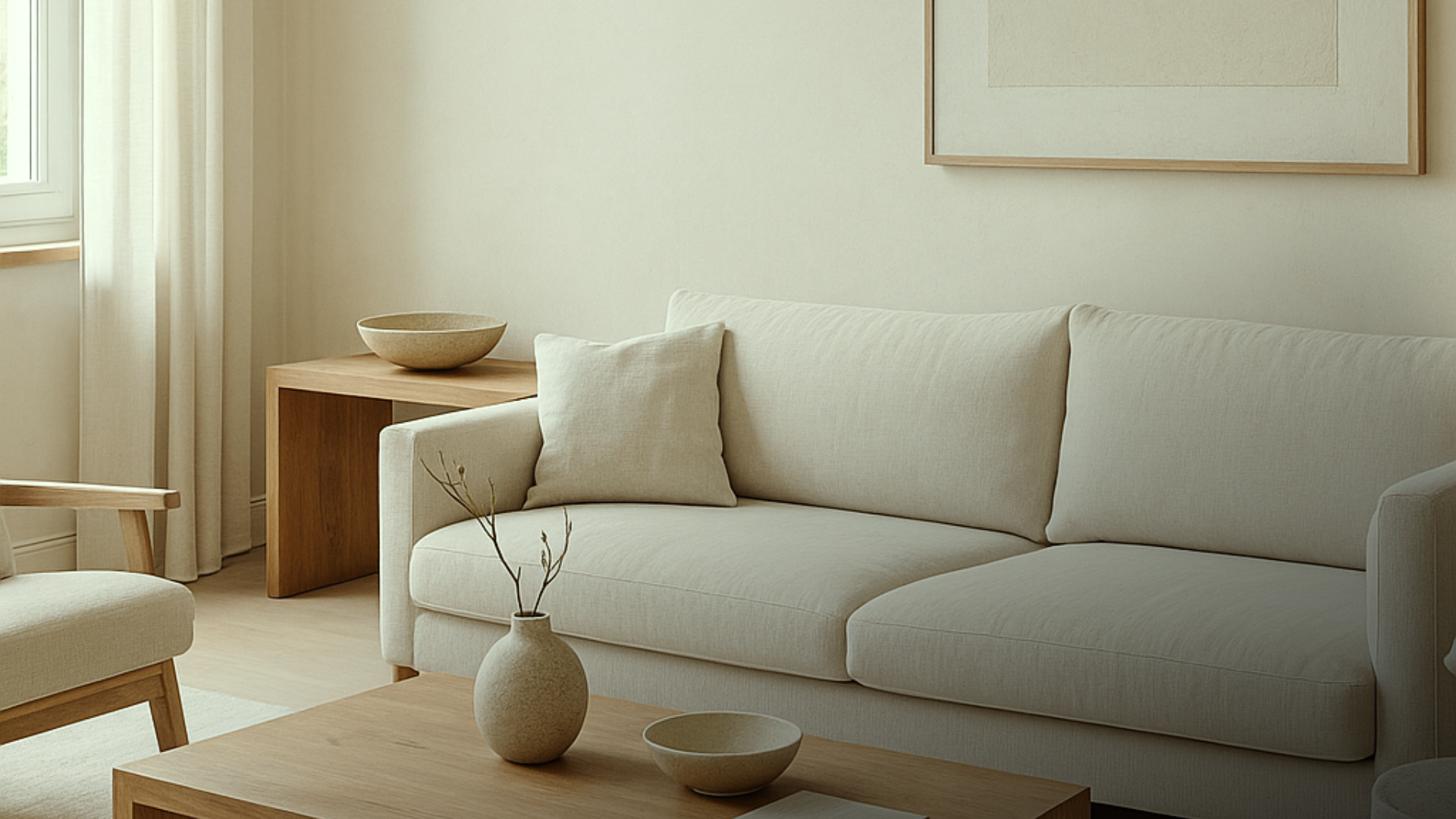 Sala de estar moderna em tons neutros, com poucos itens decorativos e visual alinhado às tendências de 2025.