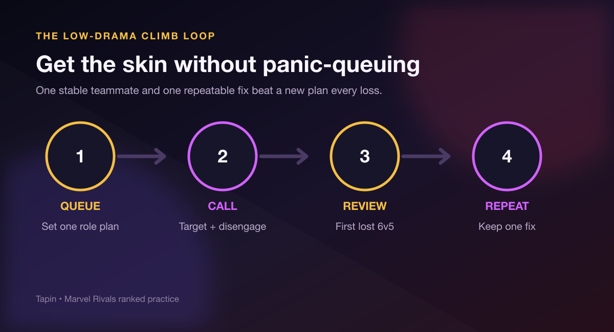 Four-step Marvel Rivals ranked reward climb plan using one role, clear calls, review, and repetition