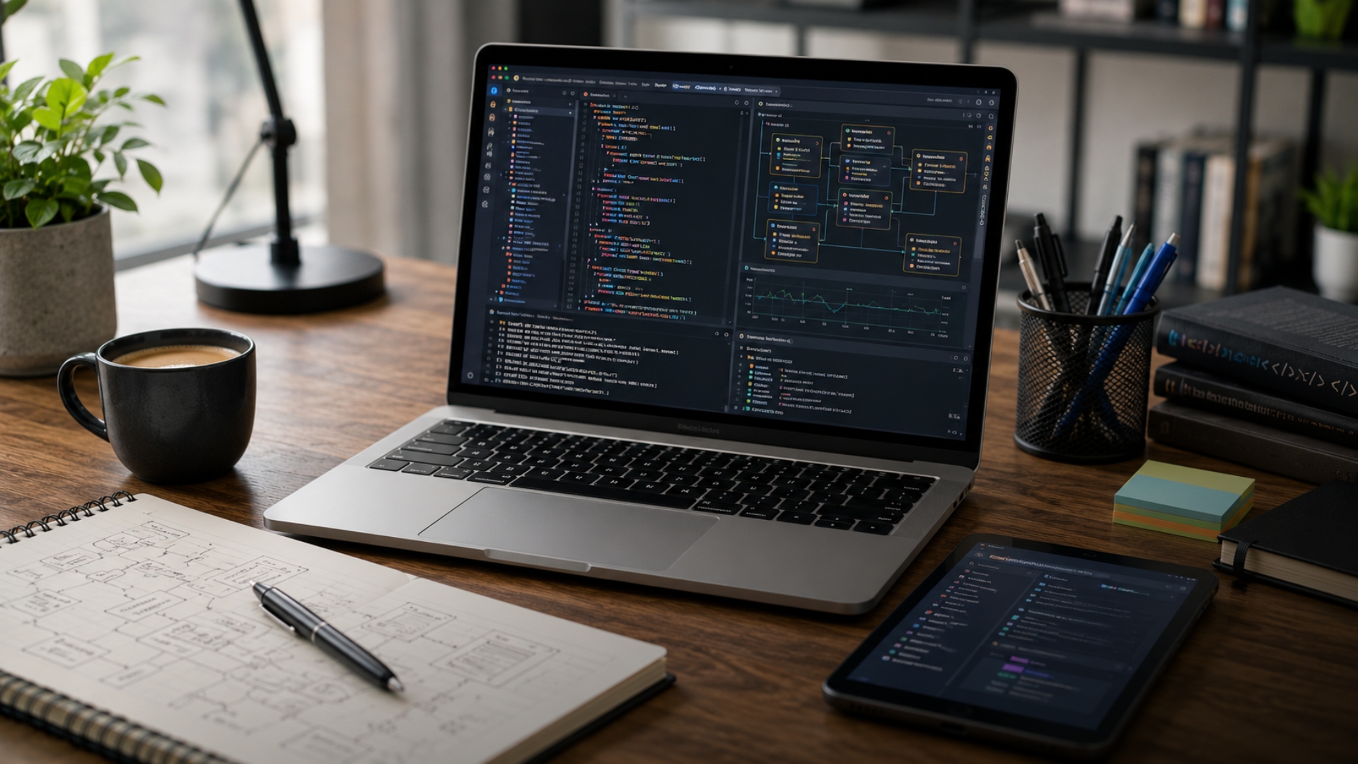 Ambiente de desenvolvimento de sistemas com editor de código, terminal, banco de dados e documentação técnica