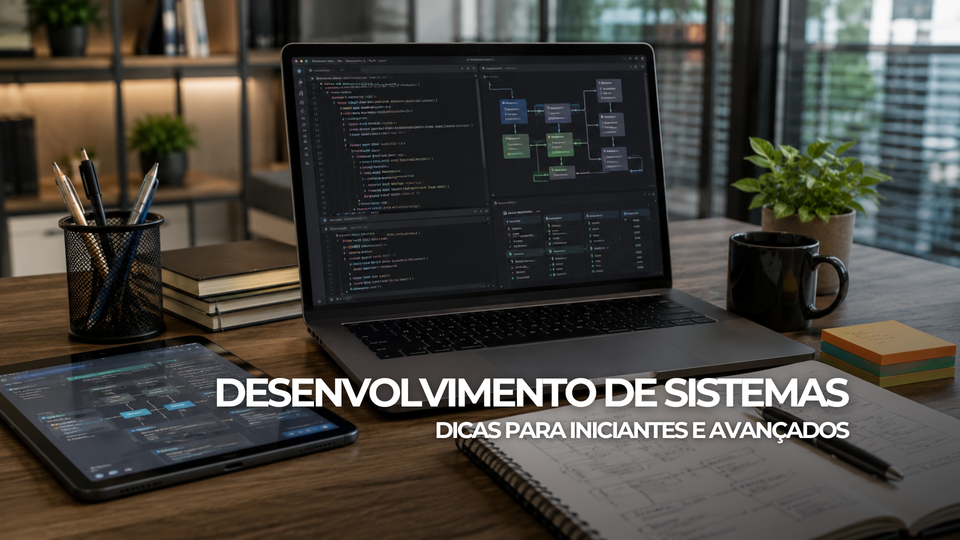 Banner sobre desenvolvimento de sistemas com ambiente moderno de programação, arquitetura de software e soluções digitais