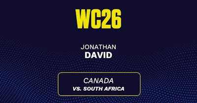 Jonathan David's predicted stats vs. South Africa, including anytime goal projection