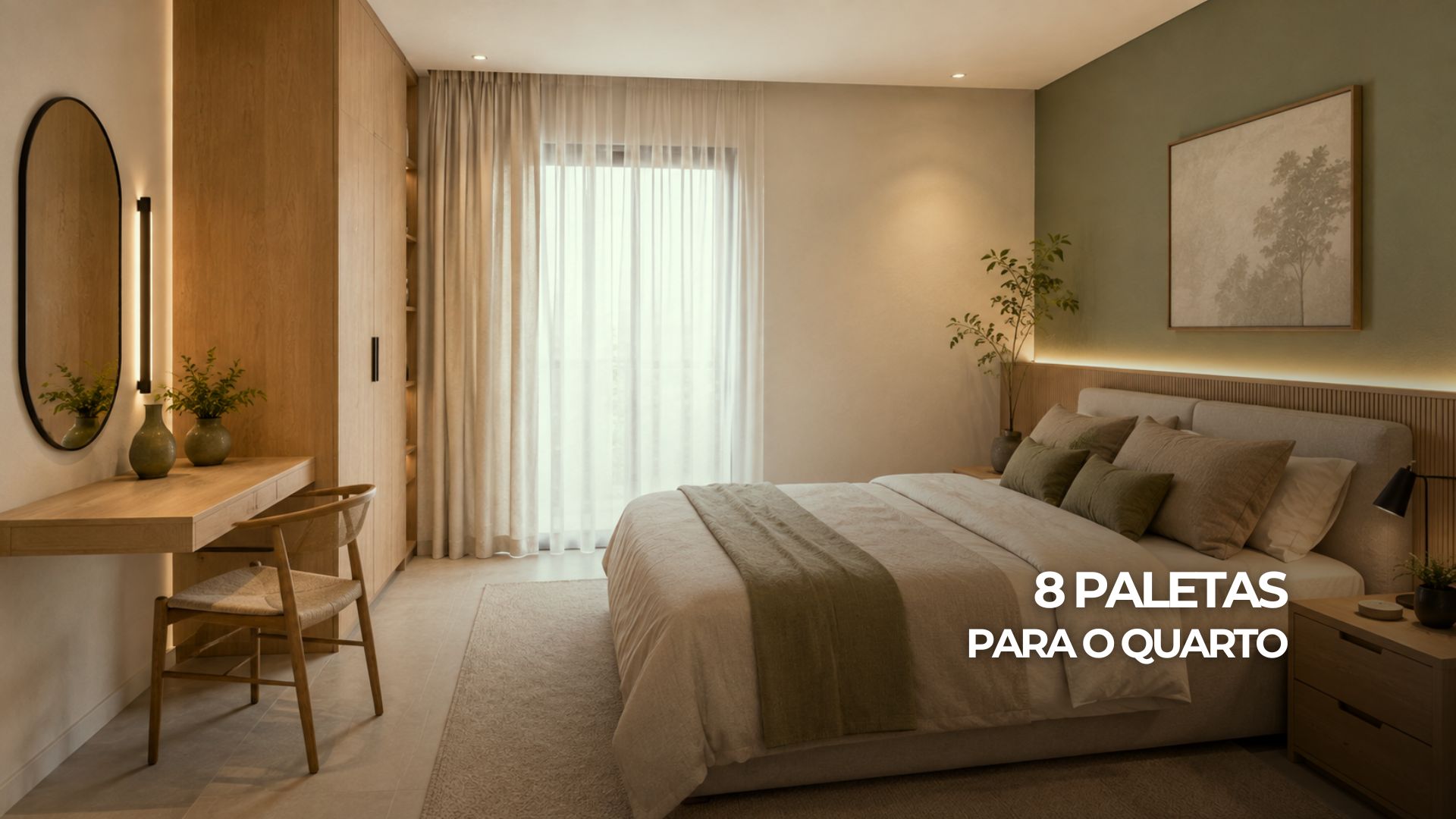 Quarto contemporâneo com parede verde-sálvia, madeira clara e tecidos em tons neutros.