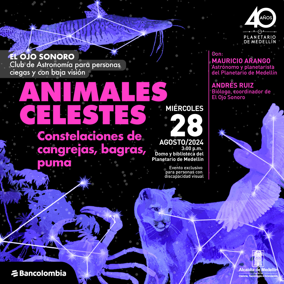 Ilustración. Sobre un fondo estrellado aparecen las figuras de un cangrejo, un bagre, un zorro, una grulla y un puma en tonos azules y sobre cada uno aparecen varios puntos brillantes unidos por líneas. En la parte superior de la imagen un texto que dice: "El ojo sonoro. Club de Astronomía para personas ciegas y con baja visión. Animales celestes. Constelaciones de cangrejas, bagras, pumas. Miércoles 28 de agosto de 2024 a las 3 de la tarde. Domo y biblioteca del Planetario de Medellín. Evento exclusivo para personas con discapacidad visual. Con: Mauricio Arango, astrónomo y planetarista del Planetario de Medellín. Andrés Ruíz, biólogo, coordinador de El ojo sonoro".