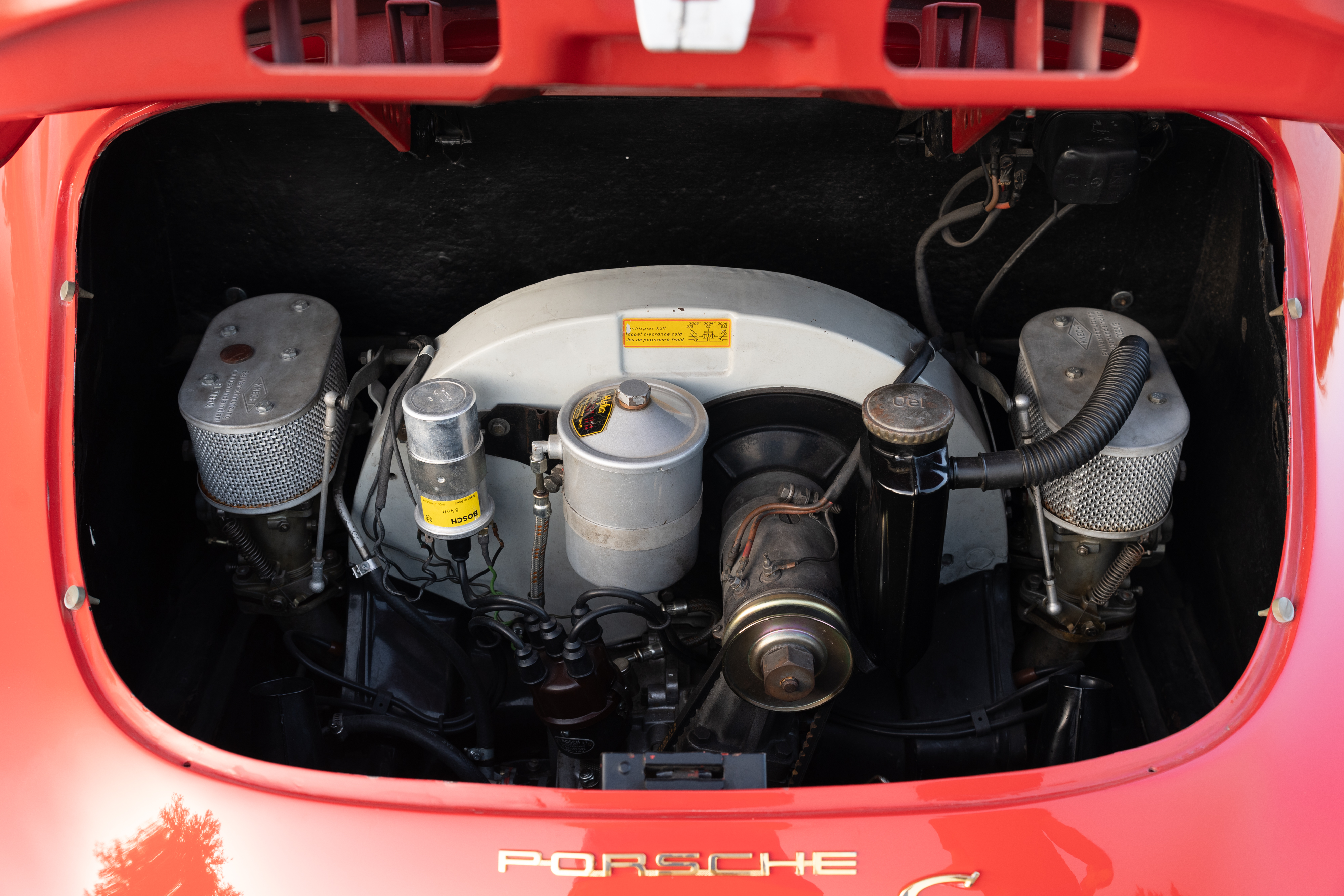 Engine bay of a 1965 Porsche 356C Coupe shot in Austin, TX.