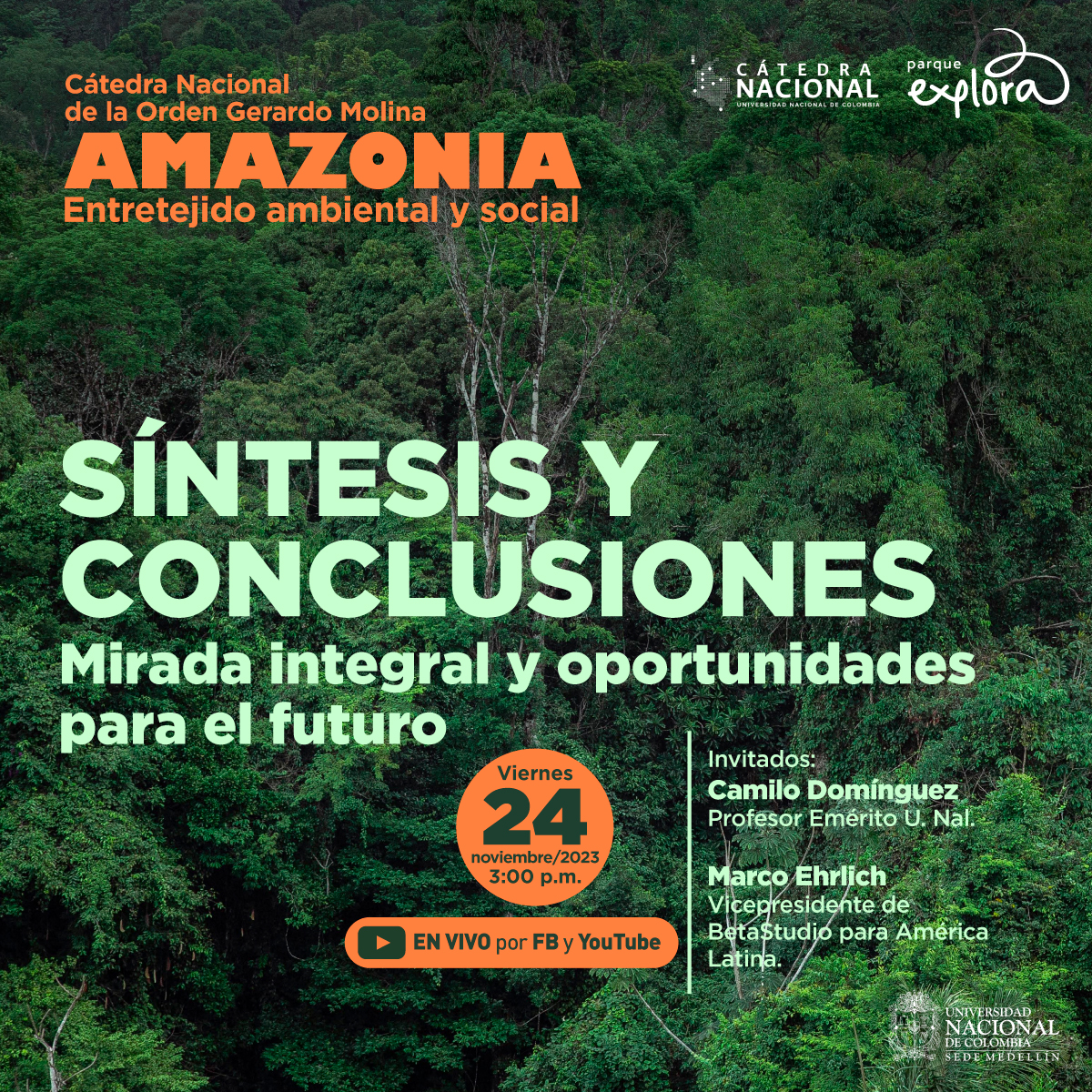 Fotografía. En toda la imagen hay hojas y copas verdes de árboles, en el centro sobresalen el tronco y las ramas de uno de ellos. En la izquierda un texto: "Cátedra Nacional de la Orden Gerardo Molina, Amazonía, Entretejido ambiental y social. Síntesis y conclusiones. Mirada integral y oportunidades para el futuro. Invitados: Camilo Domínguez. Profesor Emérito Universidad Nacional. Marco Ehrlich. Vicepresidente de BetaStudio para América Latina. Viernes 24 de noviembre de 2023 a las 3 de la tarde. En vivo por YouTube y Facebook Parque Explora".